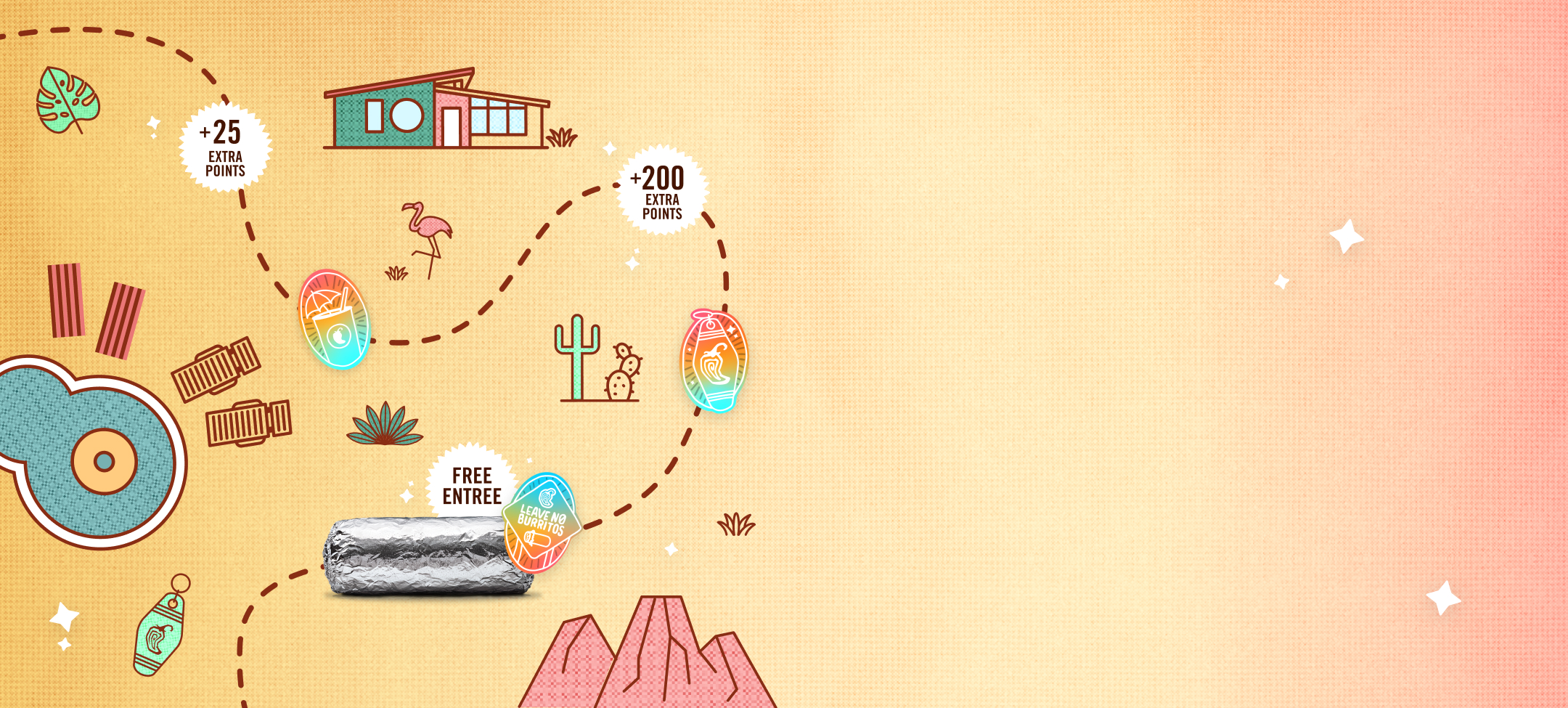 llustrated journey map highlighting exclusive rewards that can be unlocked with the Summer of Extras, including +25 Rewards points, +200 Rewards points, and a free entrée.